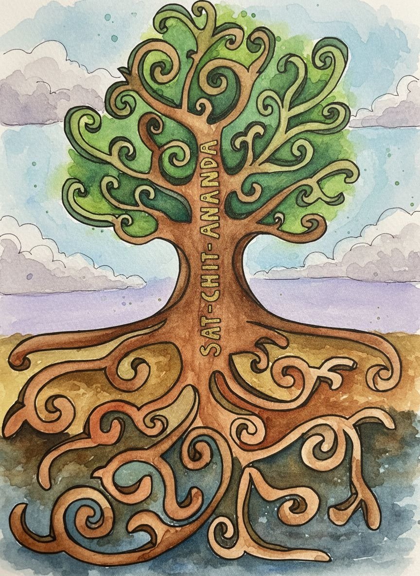 A black and white drawing illustration colored with a watercolor look, a tree with the words Sat-Chit-Ananda written on the trunk.  The roots and branches have lots of spirals.