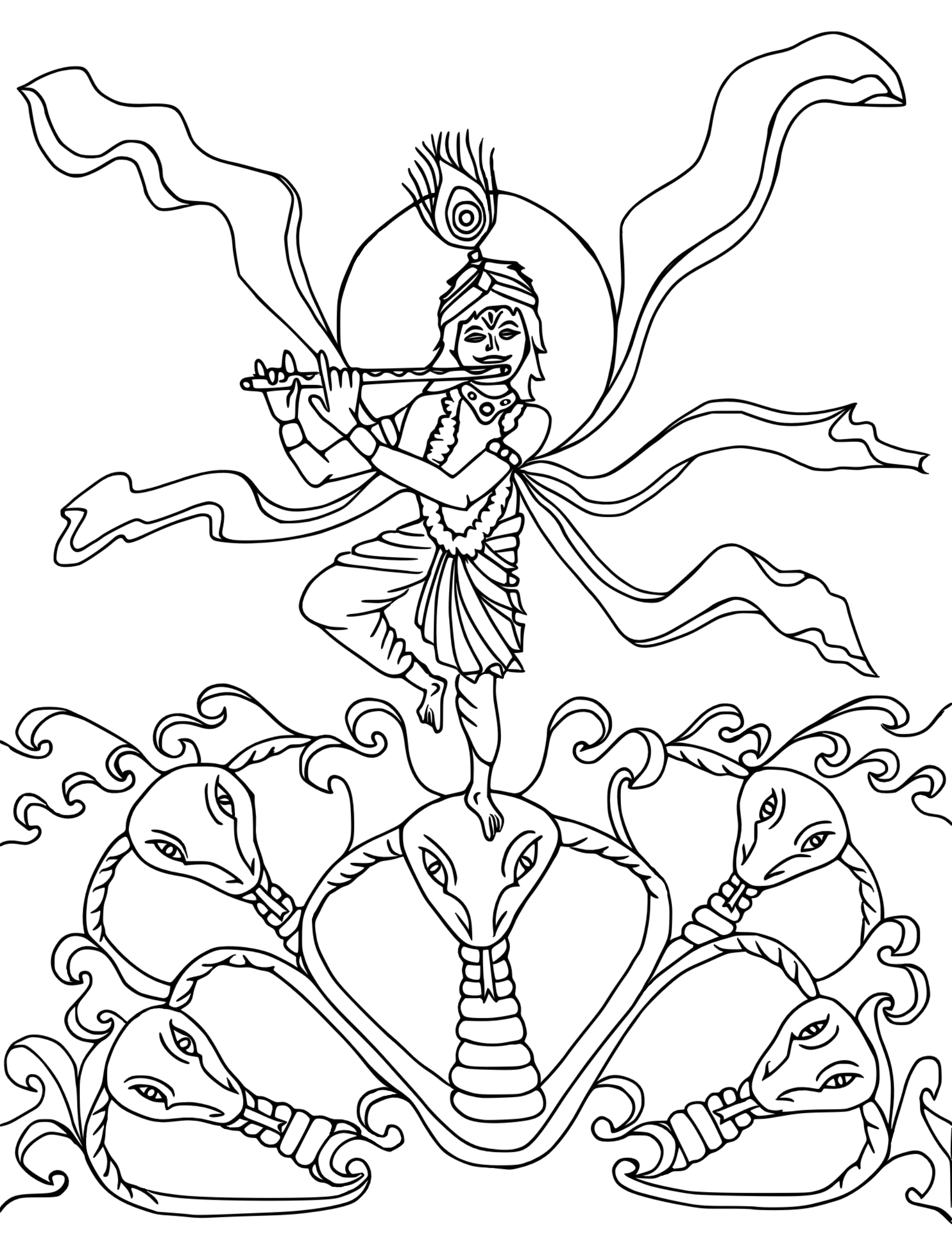 A black and white line drawing of the Hindu God Lord Krishna riding a snake and playing a flute standing on one leg with the sun behind him and a peacock feather.