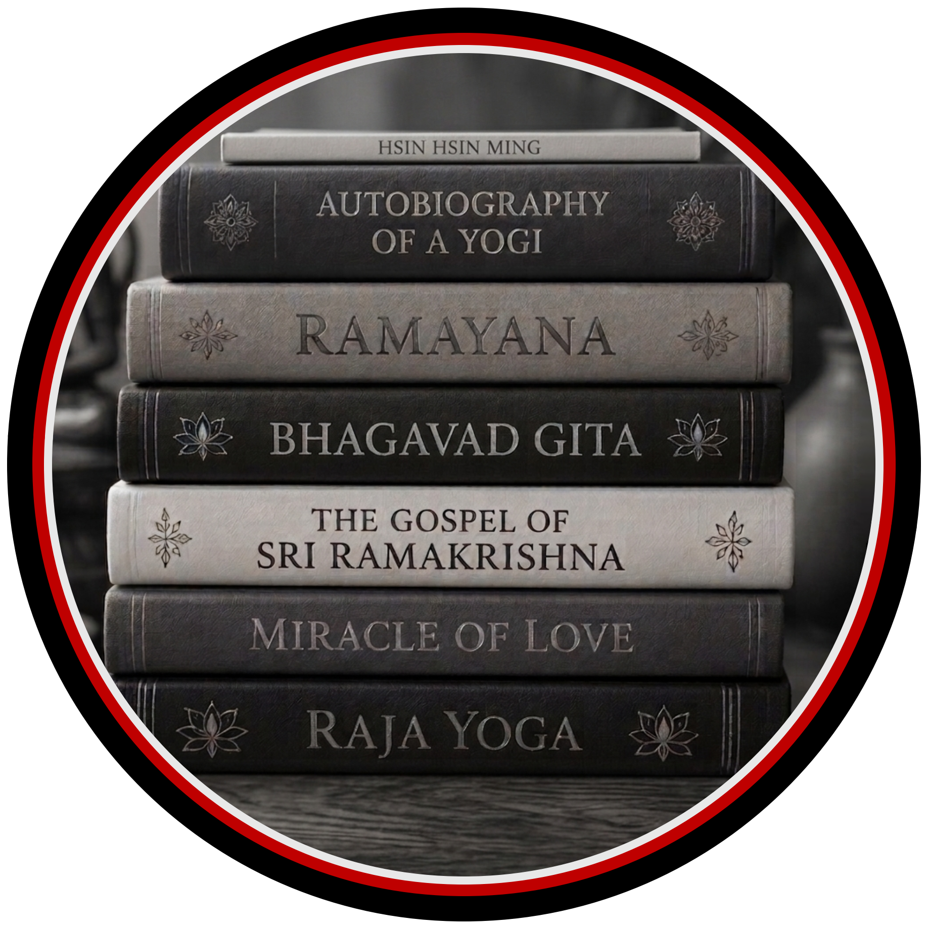 Stack of five books with titles about spirituality and religion, including 'Autobiography of a Yogi', 'Ramayana', 'Bhagavad Gita', and 'The Gospel of Sri Ramakrishna'.