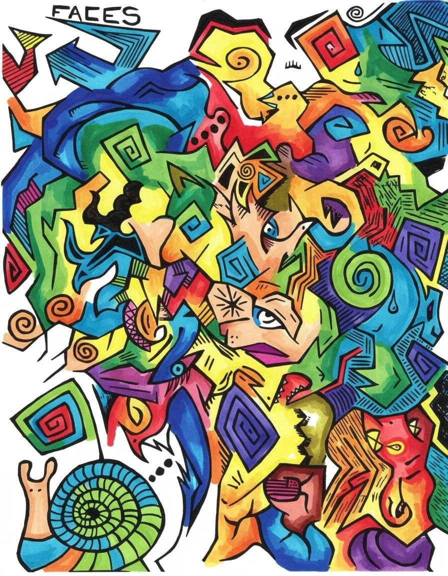 A pen and ink drawing of multiple different faces all fitting together to make illustration.  A snail. A cat. A dog.  An astronaut.