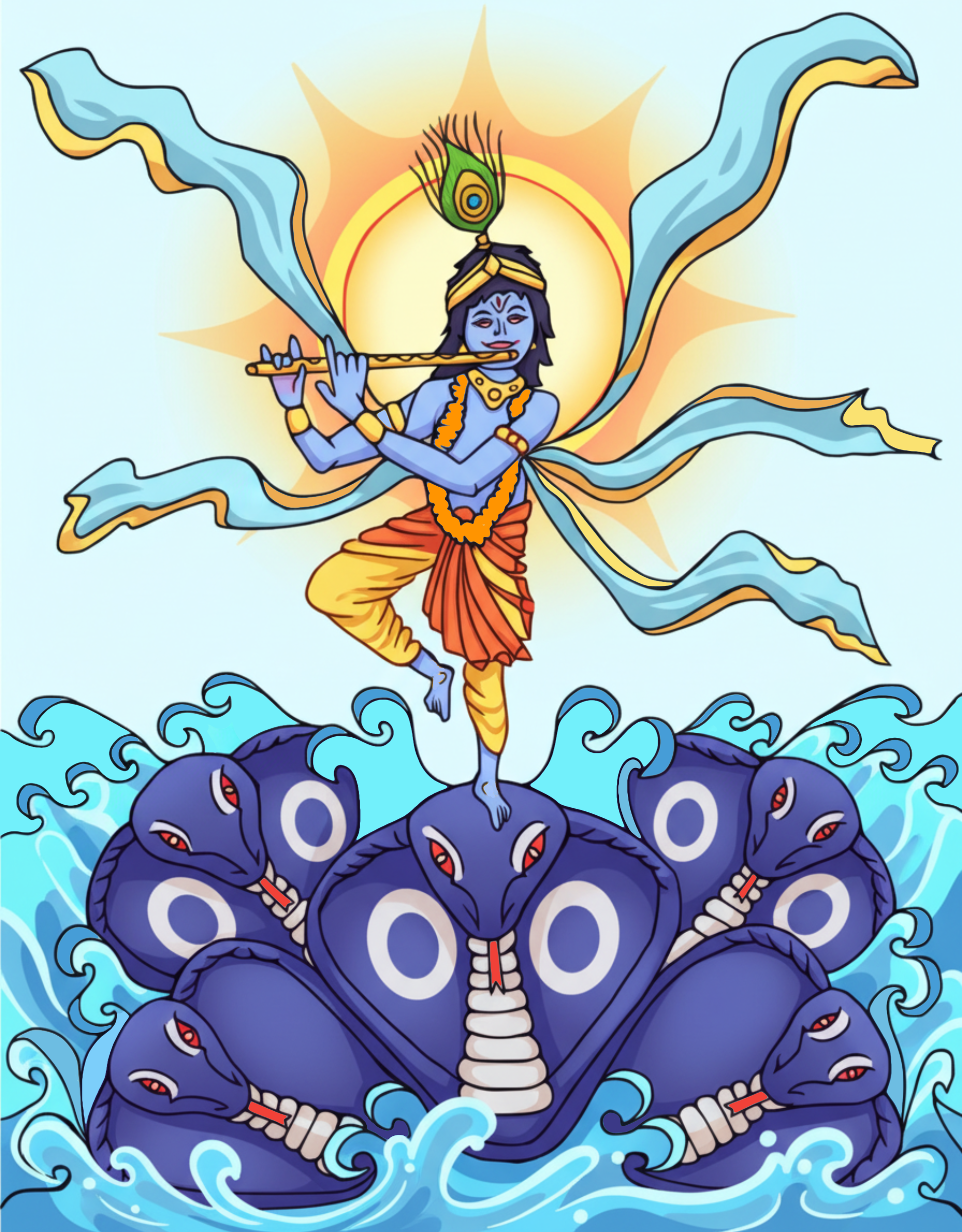 A black and white line drawing of the Hindu God Lord Krishna riding a snake and playing a flute standing on one leg with the sun behind him and a peacock feather, colored.