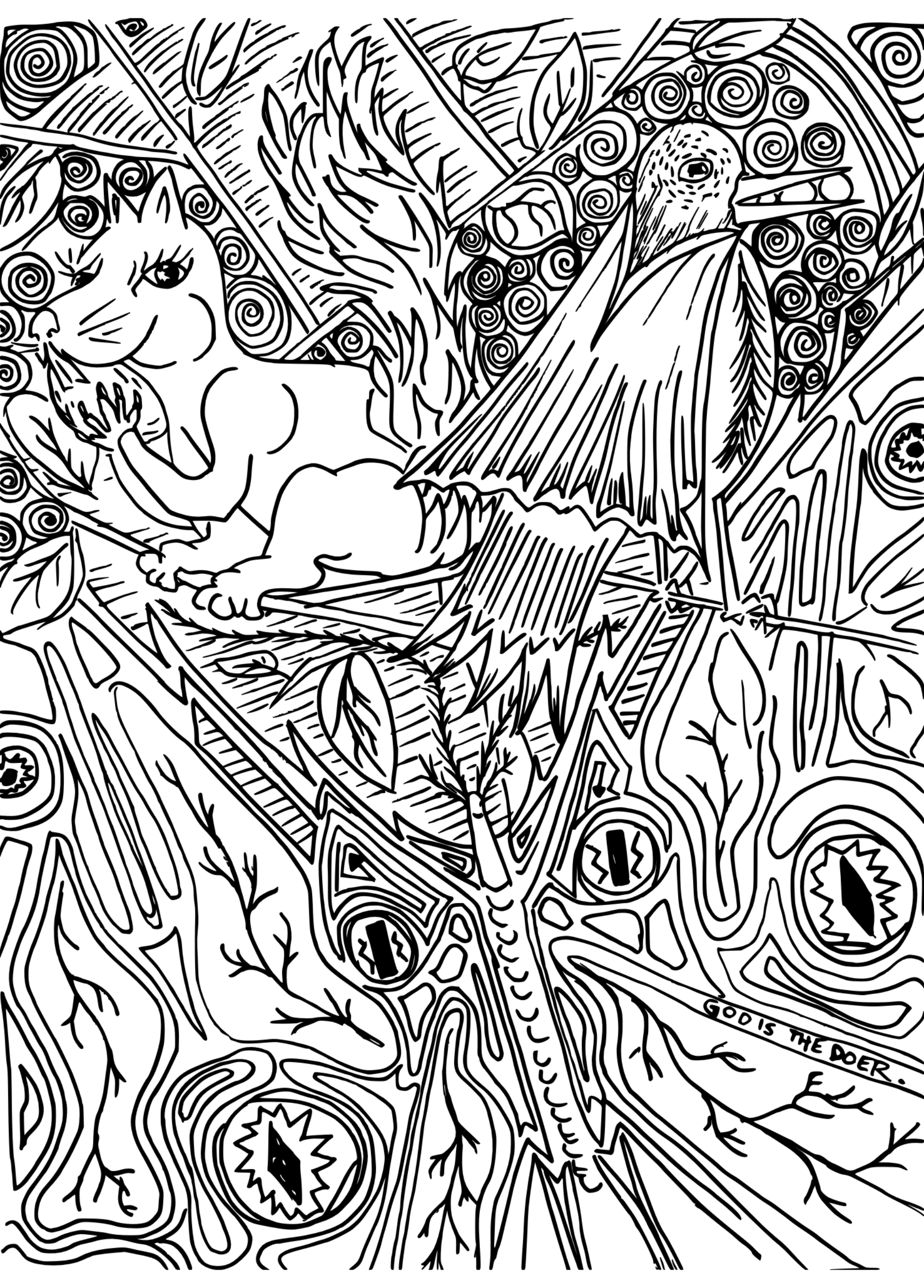 A black and white line drawing illustration of a squirrel and a bird in a tree and a butterfly.  Psychedelic like with the words written, "God is the doer."