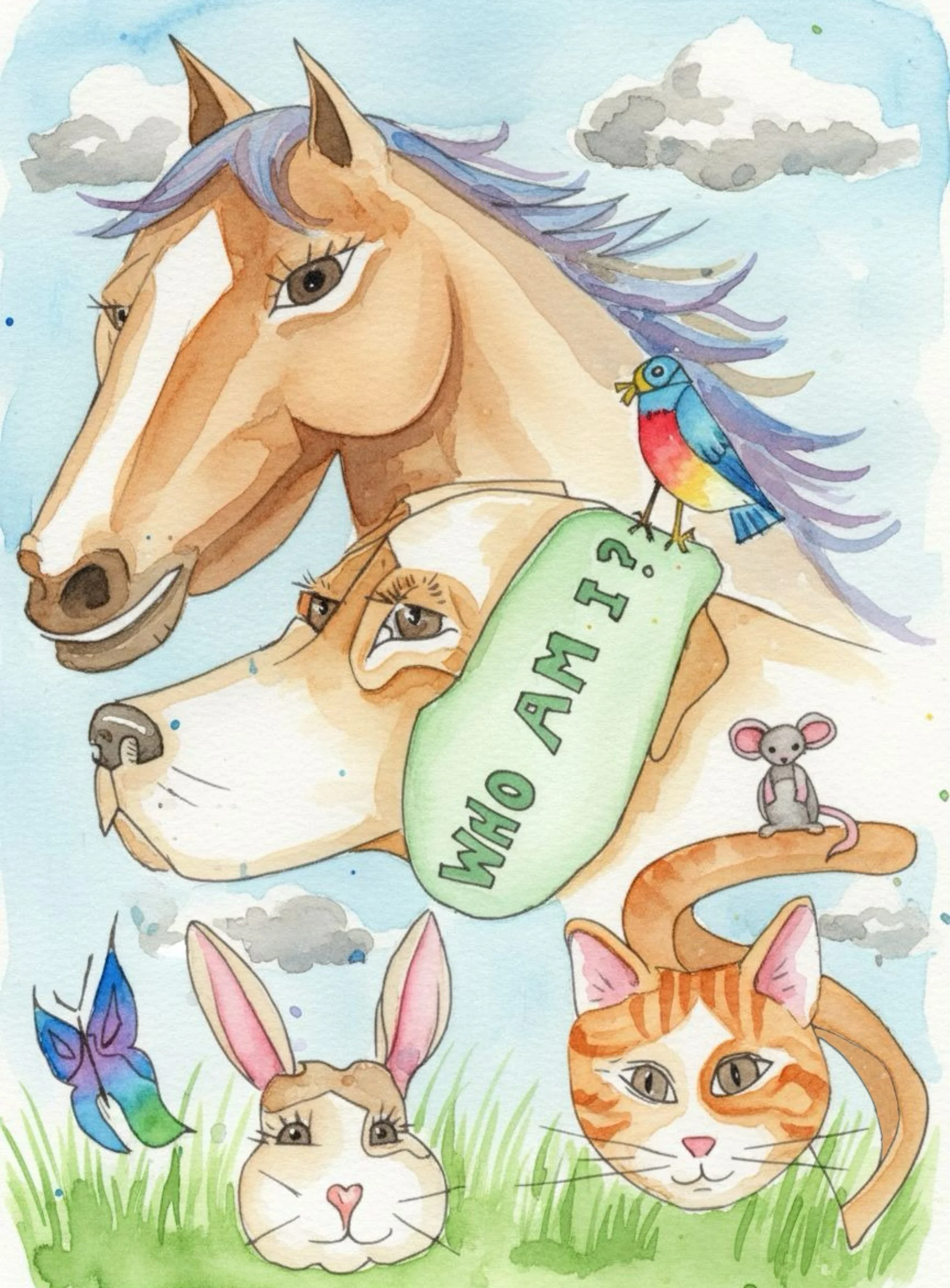 A black and white line drawing illustration of the head of a horse and a dog and a cat and a bunny.  There is also a mouse, a bird and a butterfly.  On the dogs ear is written, "Who am I?" Art inspired by Ramana Maharshi.  Colored.