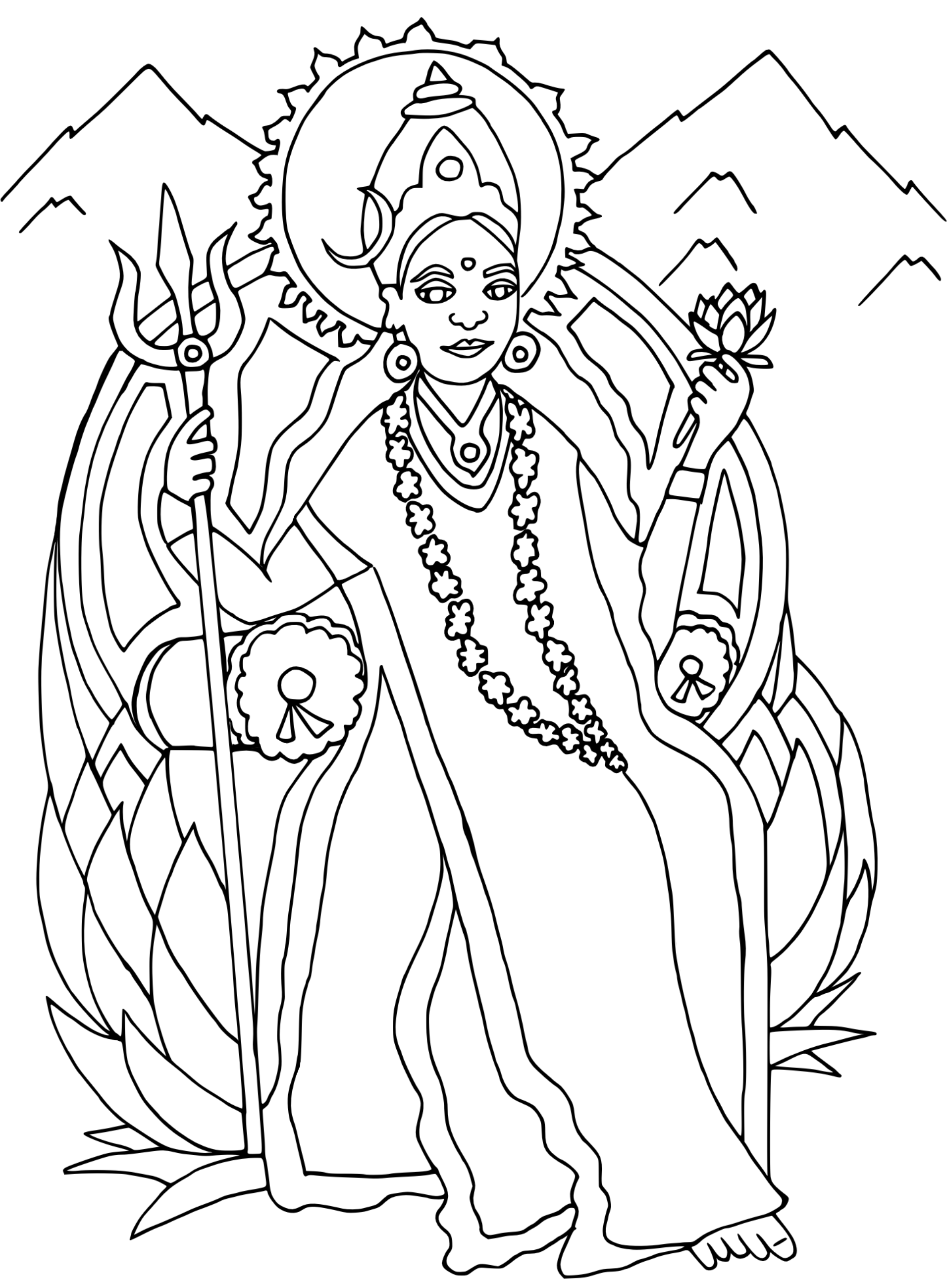 Coloring page of  Hindu goddess Parvati, holding a lotus flower in one hand and a staff in the other, with mountains and a sun in the background.