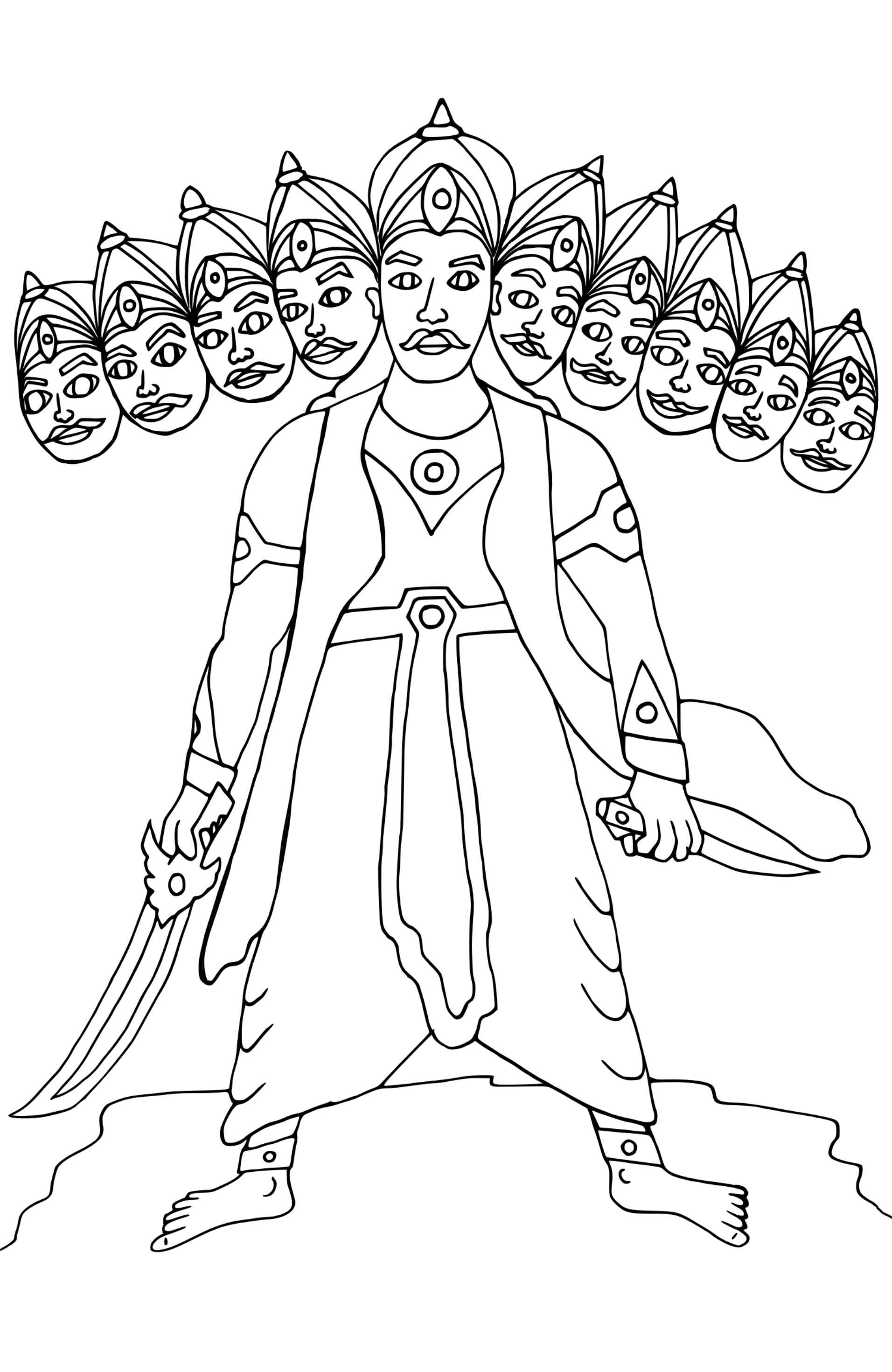 Black and white coloring page of Ravana with multiple heads and a sword, standing on a rocky surface.