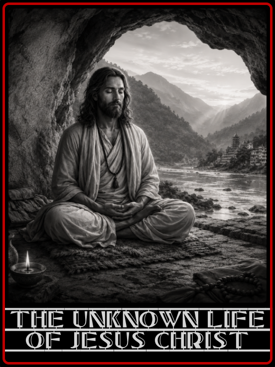 Book cover titled 'The Unknown Life of Jesus Christ' by Nicholas Notovitch, featuring an illustration of Jesus seated in meditation with a white halo, surrounded by foliage and birds.