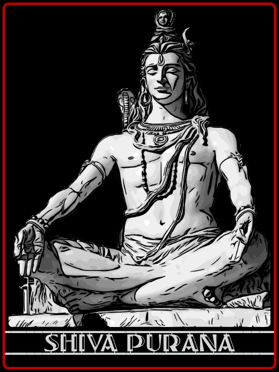 Black and white illustration of Lord Shiva, seated in a meditative pose, with the text 'Shiva Purana' at the bottom.