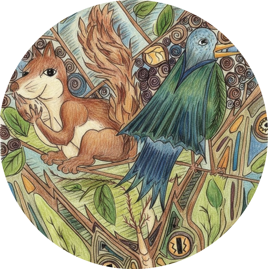 Illustration of a squirrel and a bird on a tree branch with green leaves and abstract background patterns.