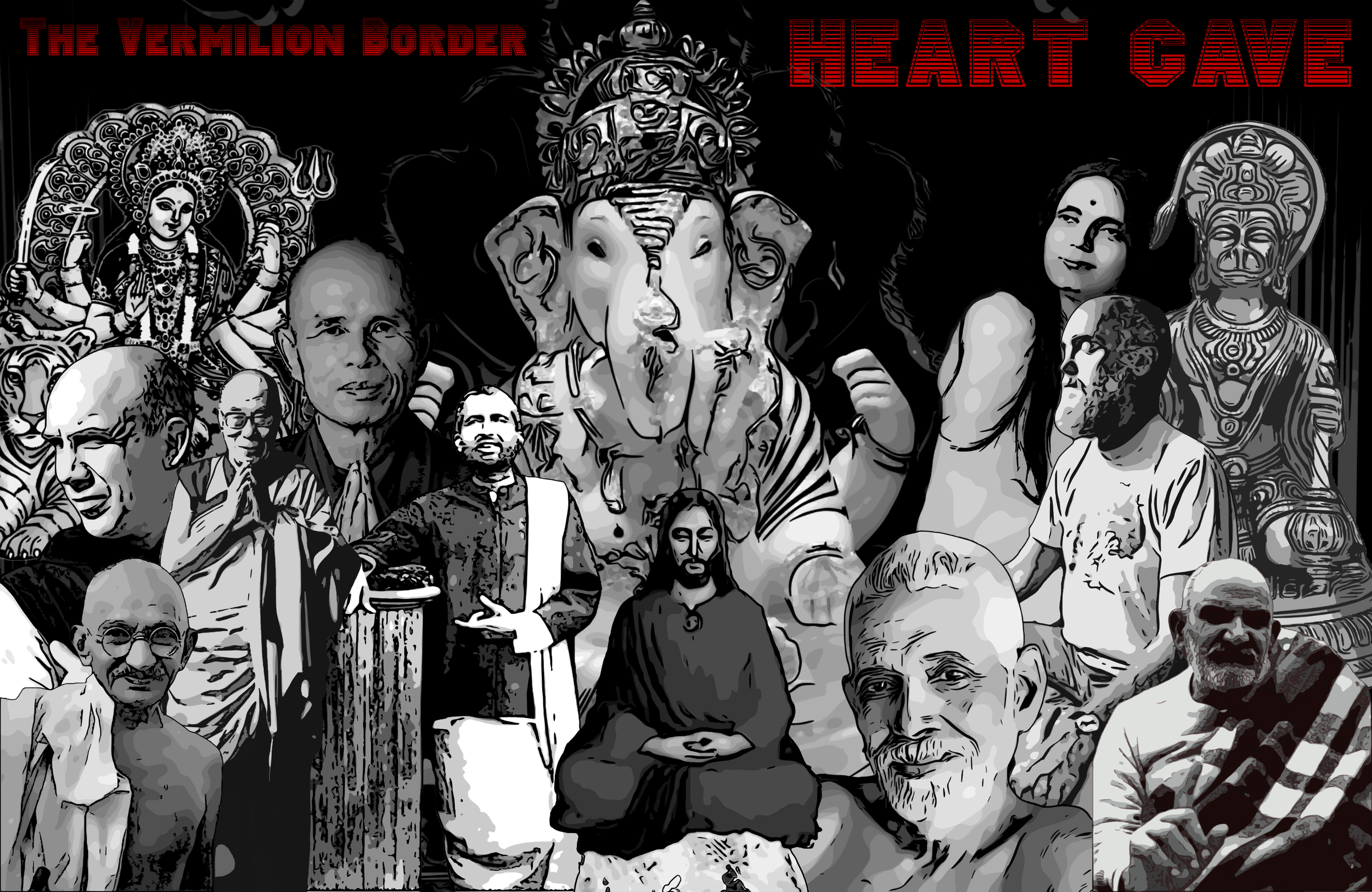 The Vermilion Border's Heart Cave.  Guides to Keepin' on the Spiritual Durga, Thomas Merton, Gandhi, Dalai Lama, Thich Nhat Hanh,  Ramakrishna, Ganesh, Jesus, Ramana Maharshi, Anandamayi Ma, Ram Dass, Hanuman, Neem Karoli Baba, desktop wallpaper free