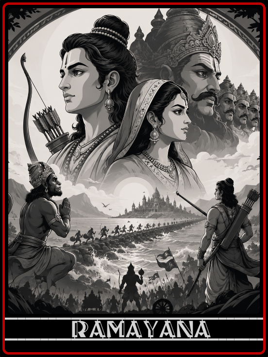 Print of Ramayana Valmiki with four characters, three standing and one kneeling, in traditional attire and jewelry, set against a lush green background.