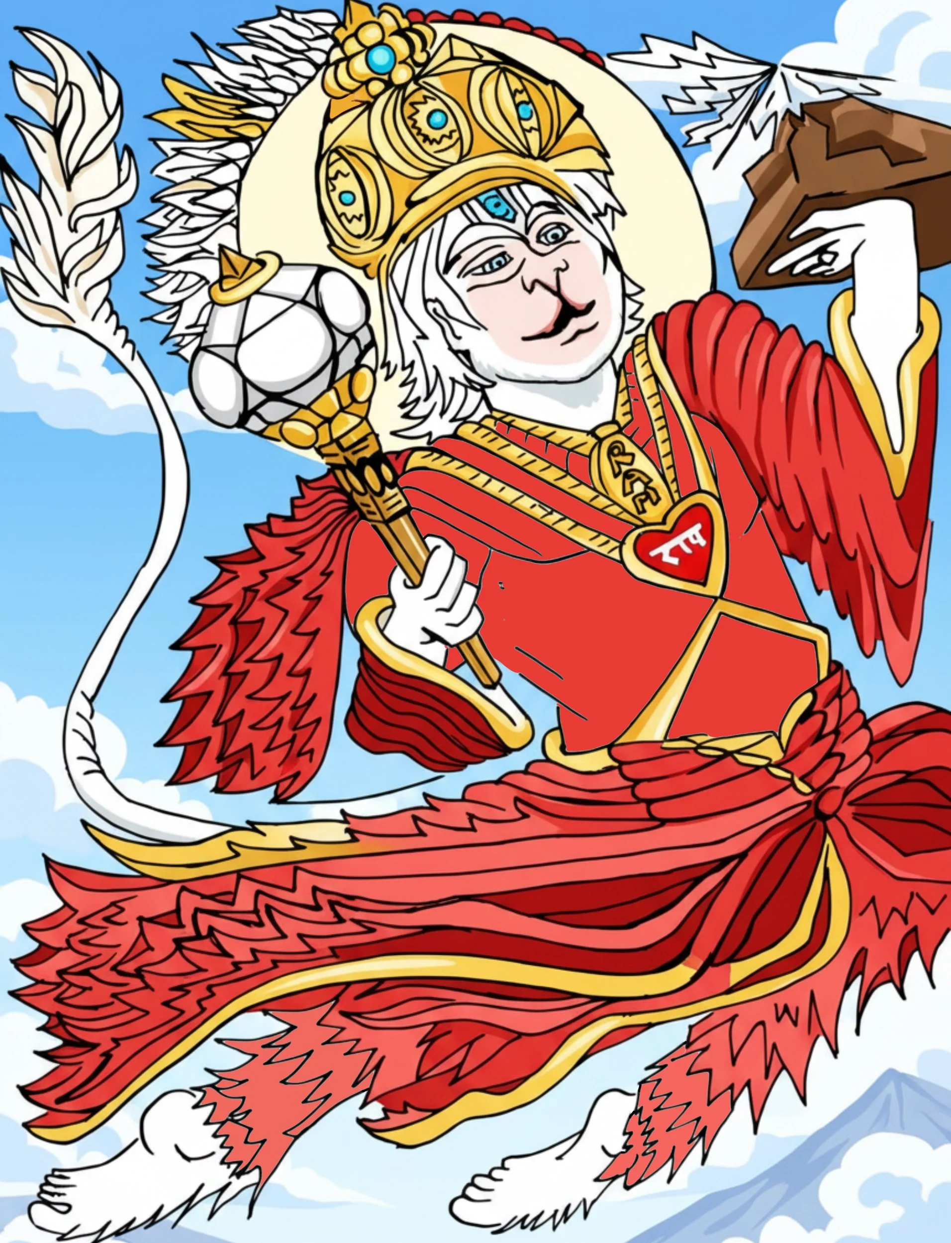 A black and white line drawing illustration of the Hindu God Hanuman flying with the mountain of herbs with his mace, colored.