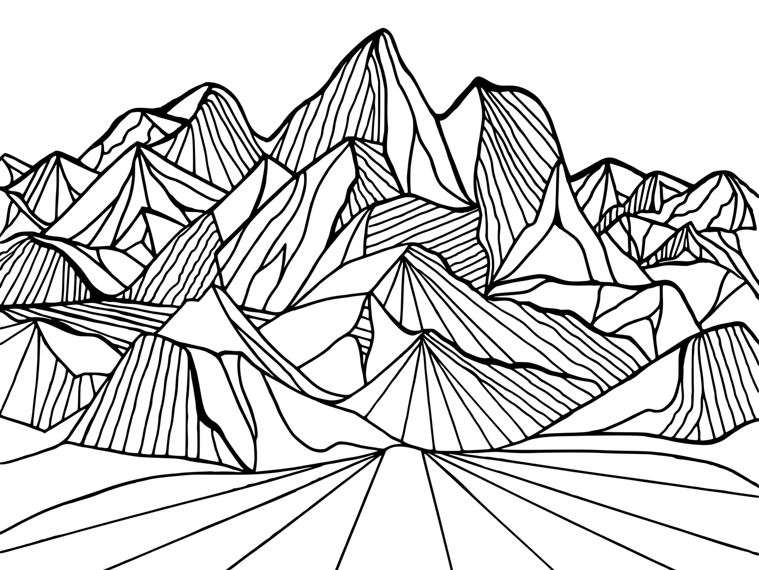 A black and white line drawing with a computer feel, blocky, geometric, perspective, original art drawn from the Himalayan mountains.