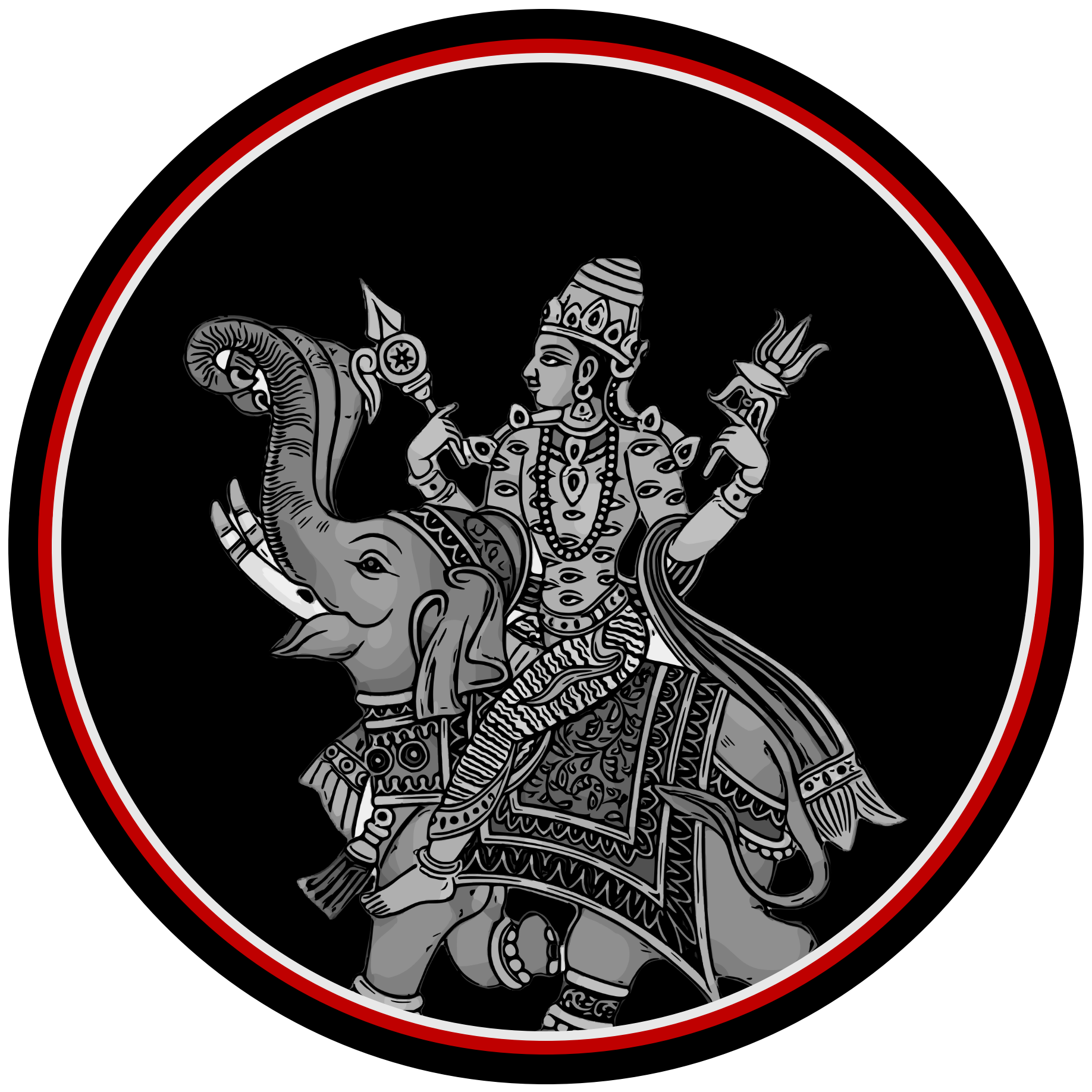 A black circular background with a red and white border. In the center, a detailed, grayscale illustration of the Hindu deity Indra riding an elephant, holding a trident, with intricate patterns and jewelry.