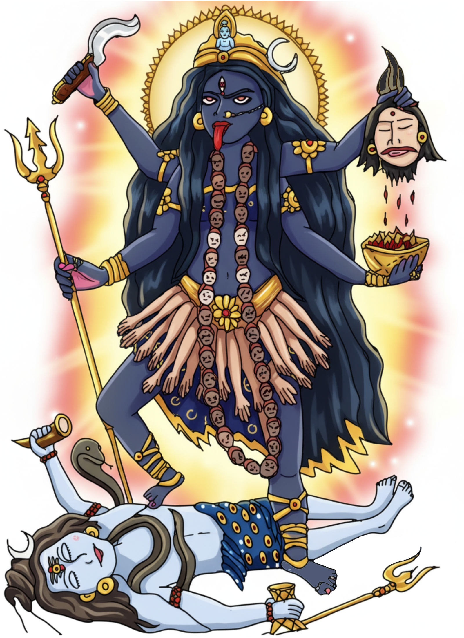 A black and white line drawing of the Hindu Goddess Kali, she has her tongue out, has a garland of human heads and is holding a severed head in her hand.  She wears a skirt of arms and she has one foot on her consort, Lord Shiva, colored.