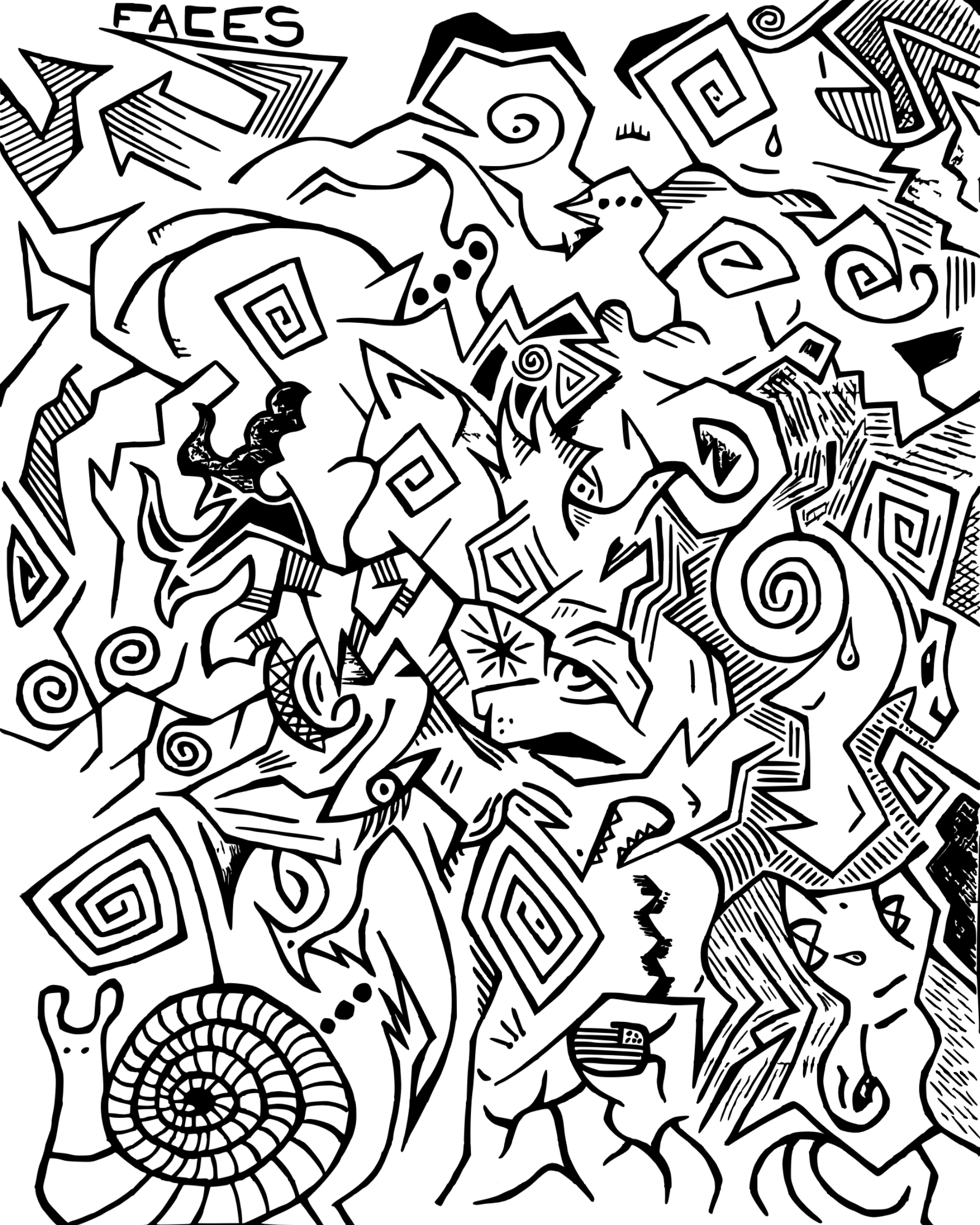 Black and white abstract doodle with various shapes, squiggles, spirals, triangles, faces, and text, including the word 'FACES' at the top.