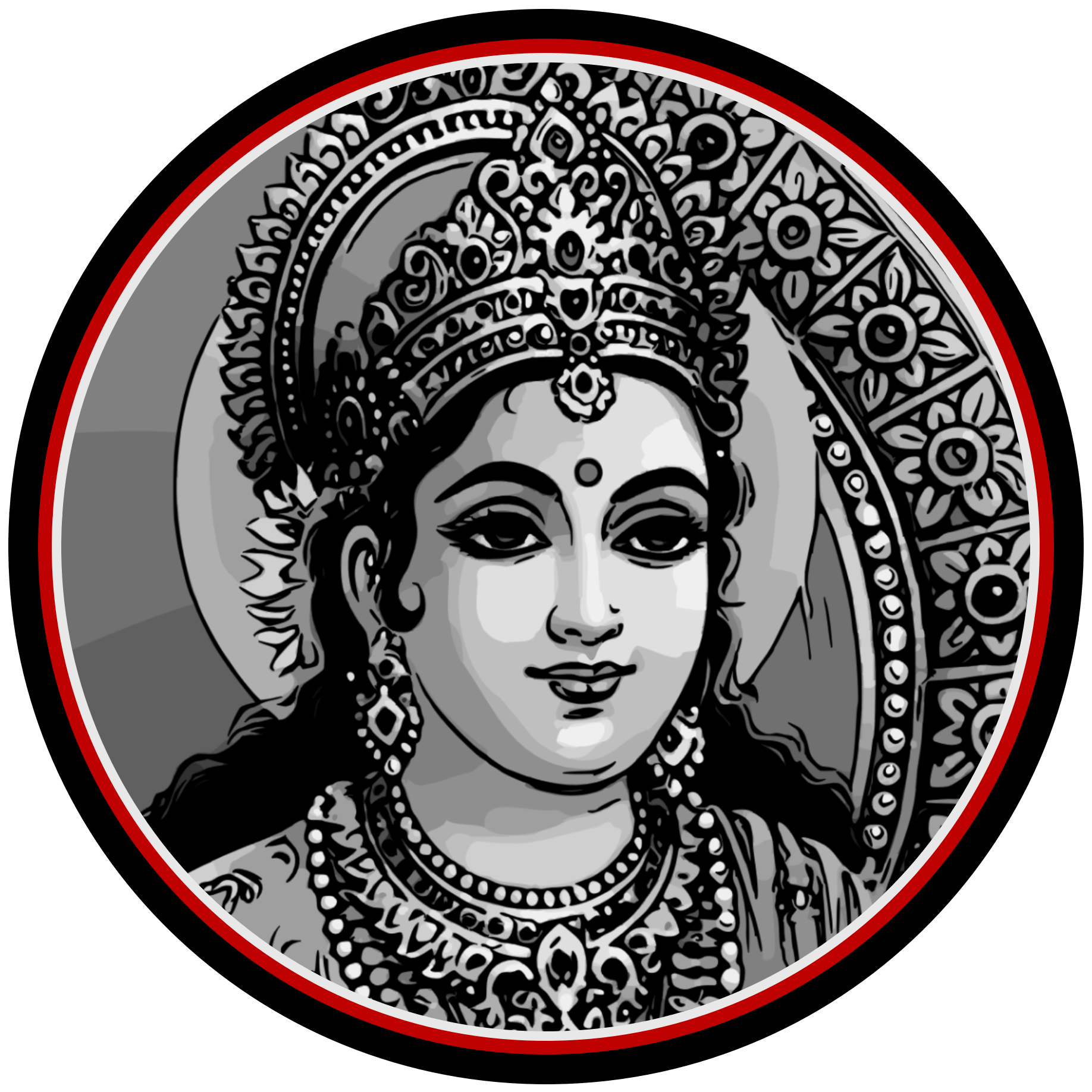 Black and white illustration of Sita's face with ornate jewelry and a headdress, surrounded by an intricate circular design.