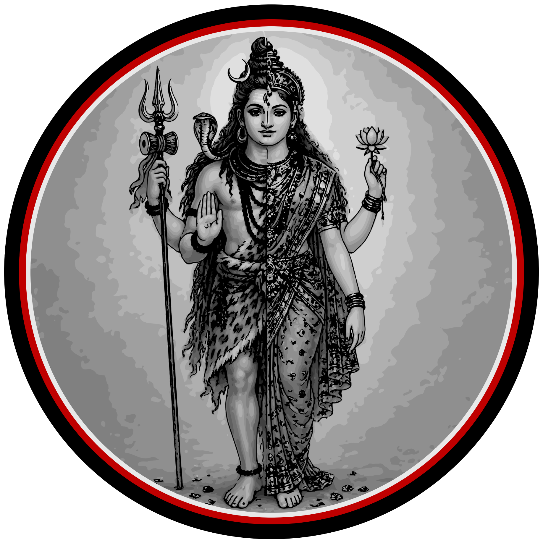 A grayscale illustration of Hindu goddess Ardhanarishvara holding a lotus flower in her right hand and a trident in her left hand, adorned with traditional jewelry and clothing.