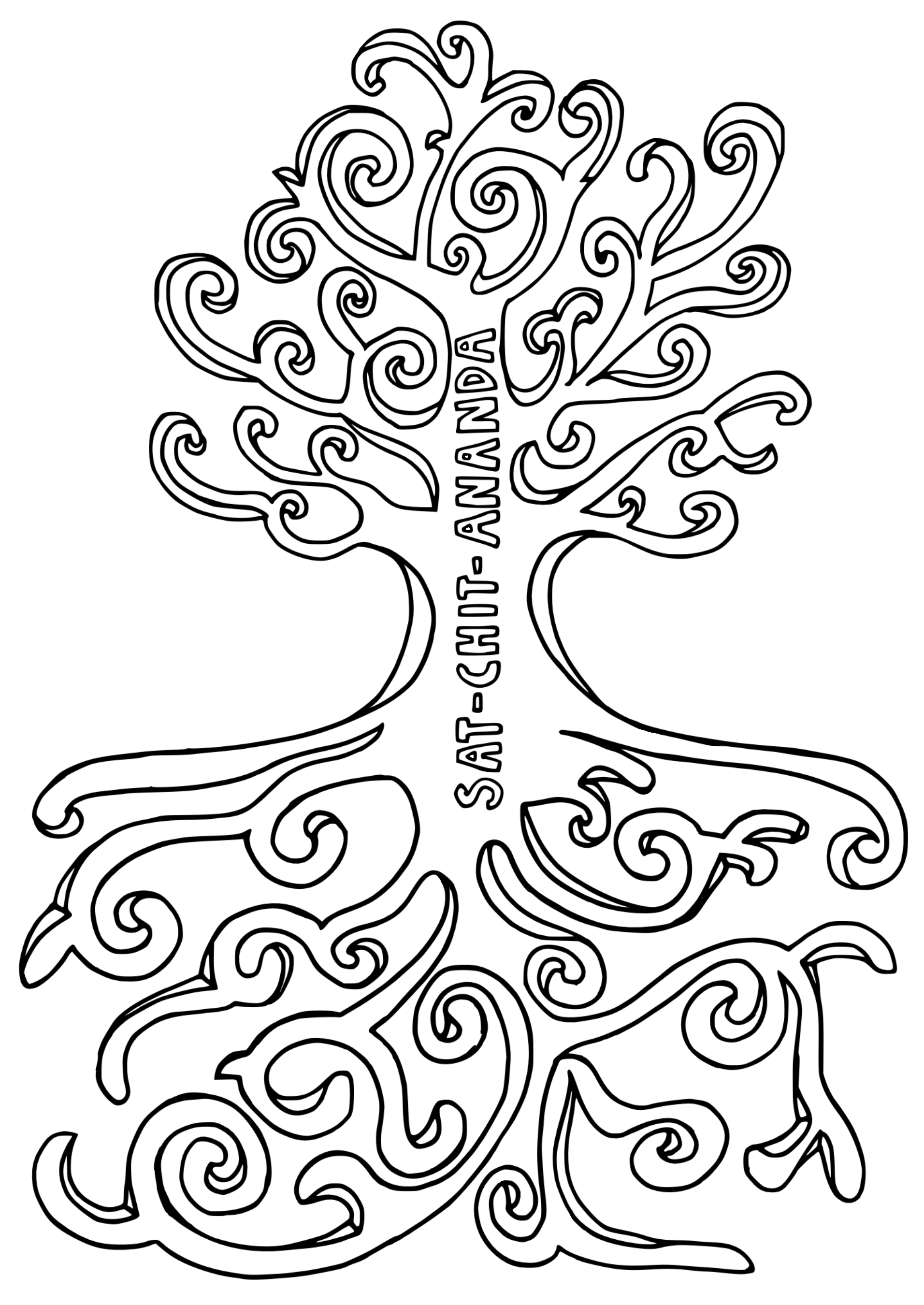 A black and white drawing illustration of a tree with the words Sat-Chit-Ananda written on the trunk.  The roots and branches have lots of spirals.