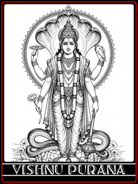 Book cover titled 'The Vishnu Purana' with an illustration of the Hindu god Vishnu, depicted with blue skin, four arms holding various objects, adorned with gold jewelry and a crown, standing against a peach background.
