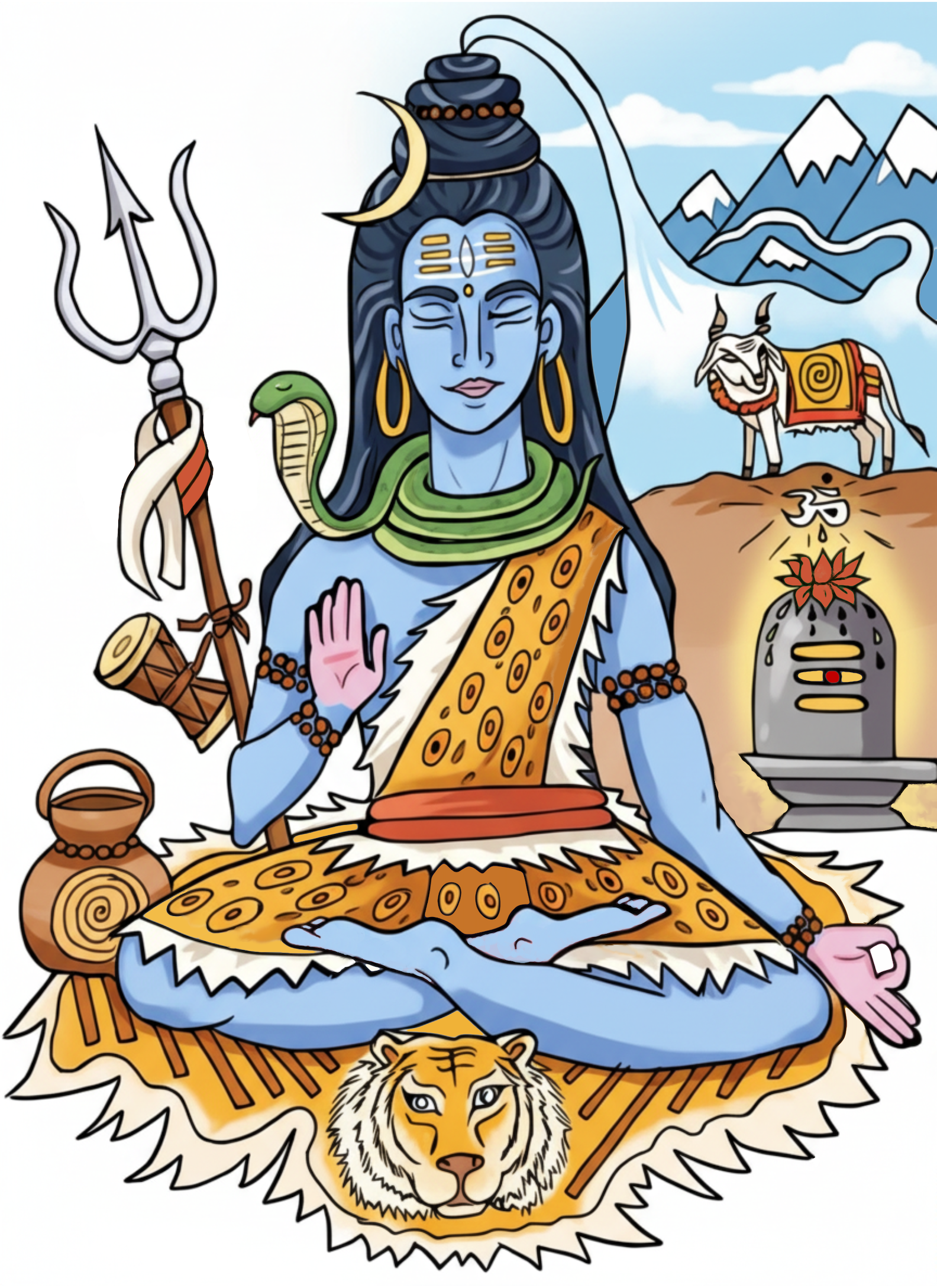 A black and white line illustration of the Lord Shiva, sitting on a tiger, with water pot, trident and snake.  A shiva lingam and his vahana, Nandi in the background with the Himalayan mountains and the Ganges river flowing from Shivas head. Colored.
