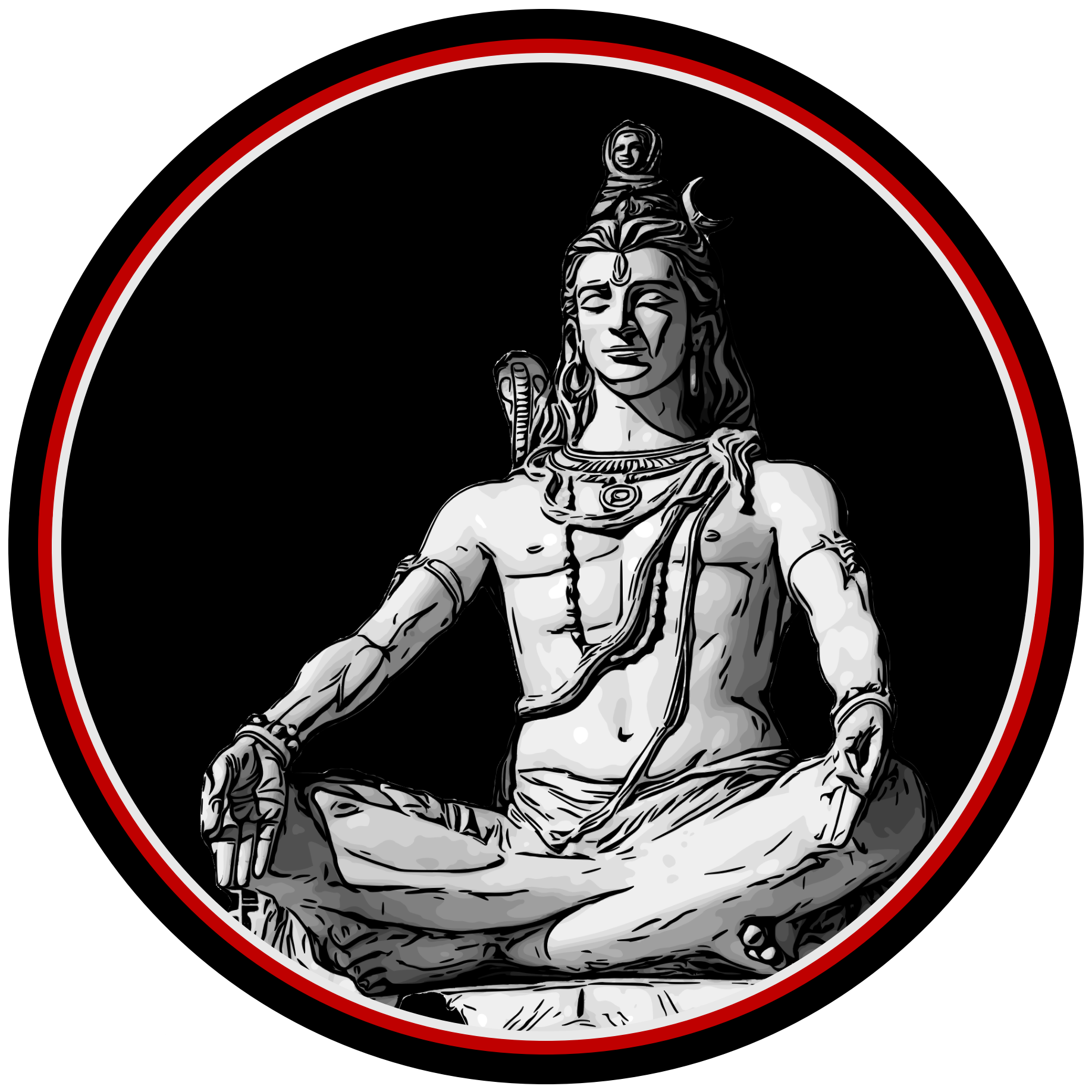 A black and white illustration of Lord Shiva, a Hindu deity, seated in a meditative pose with eyes closed, adorned with traditional jewelry, with a crescent moon on his head, within a circular emblem bordered with red, white, and black.