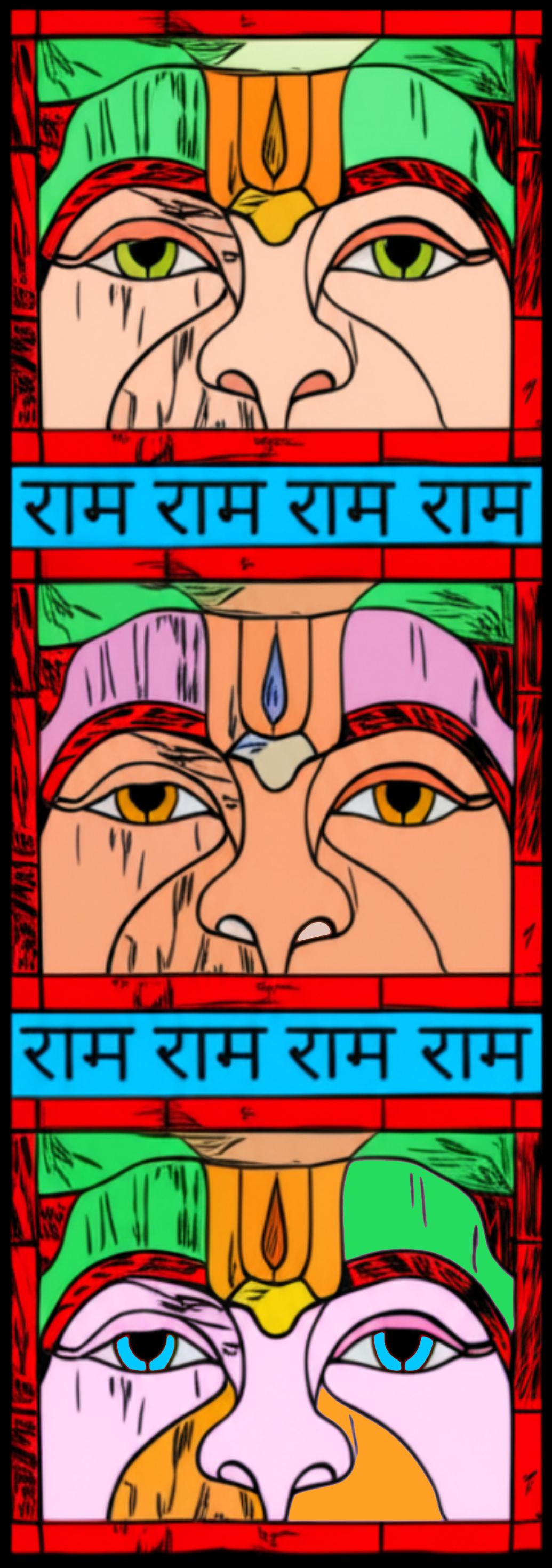 The eyes of the Hanuman Murti in Taos, New Mexico.  Black and white lined image of photograph taken from stained glass at the temple, colored.