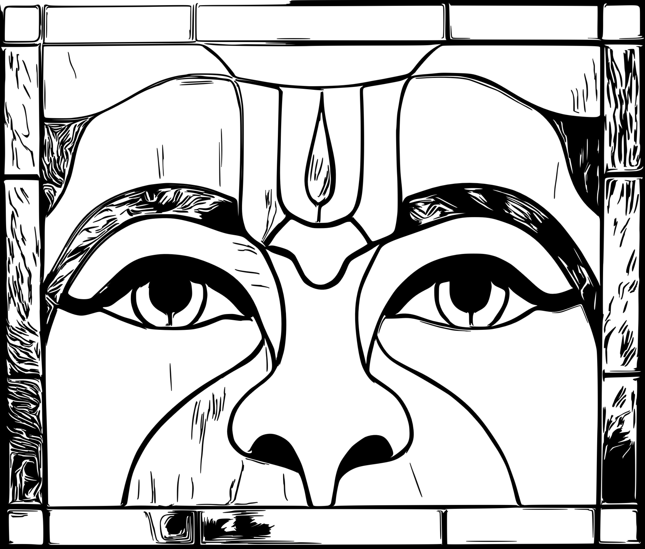 Black and white drawing of Hanuman's face, focusing on its eyes, surrounded by a square border.