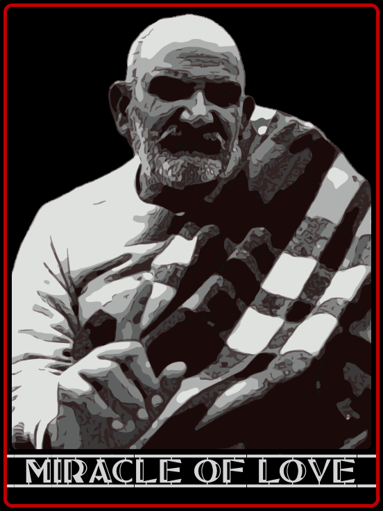 Book cover titled 'Miracle of Love' with Neem Karoli Baba, a smiling older man with a beard, and the author Ram Dass.