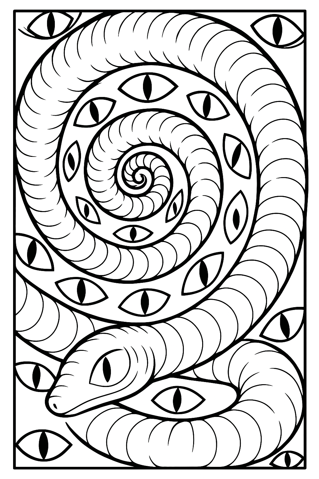 A black and white depiction of a snake with lots of cat-like eyes all around it as it spirals, inspired by the spirit of Grandmother Aya.  The panther.  The serpent.  Peru.
