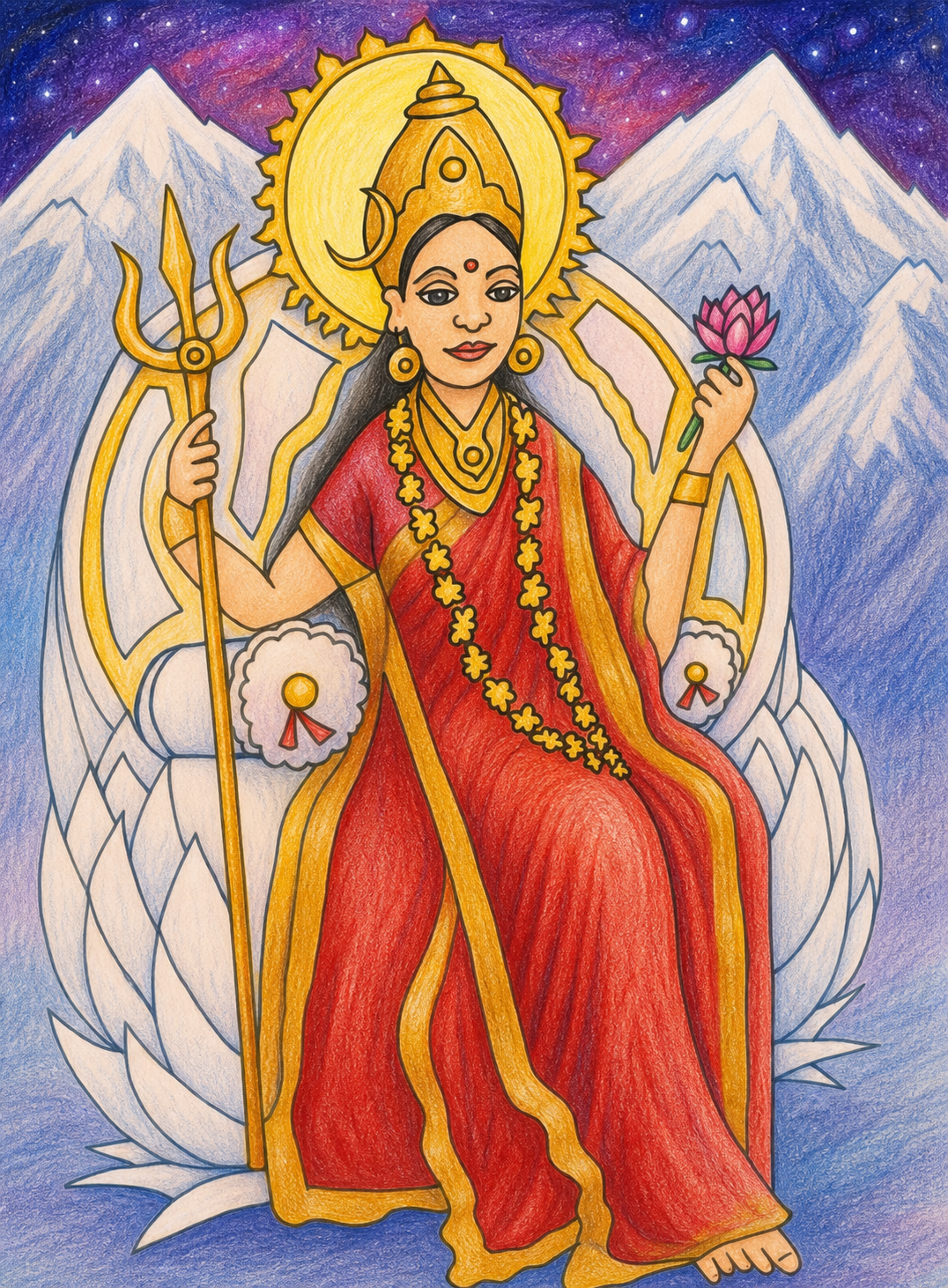 Colorful drawing of Hindu goddess Parvati,  seated on a lotus throne, wearing a red and yellow sari, holding a lotus flower in one hand and a trident in the other. She has a halo, a crown, and mountain backgrounds.