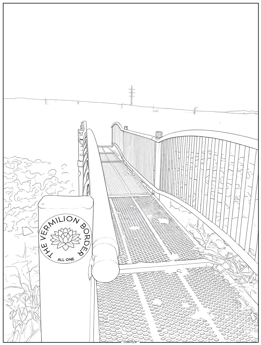 A black and white line drawing of a pedestrian bridge with a circular sign that says "All One". The bridge has metal grating and a curved wooden railing. There is an open field or possibly a beach on the left side, with some plants or grass. In the background, there are power lines and the horizon with a few small trees or bushes.