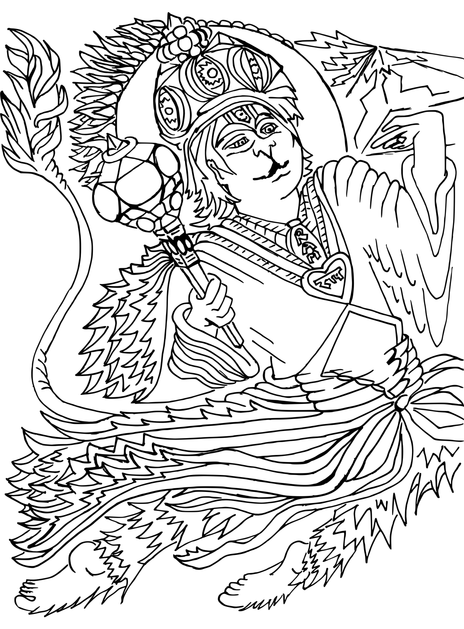 A black and white line drawing illustration of the Hindu God Hanuman flying with the mountain of herbs with his mace.