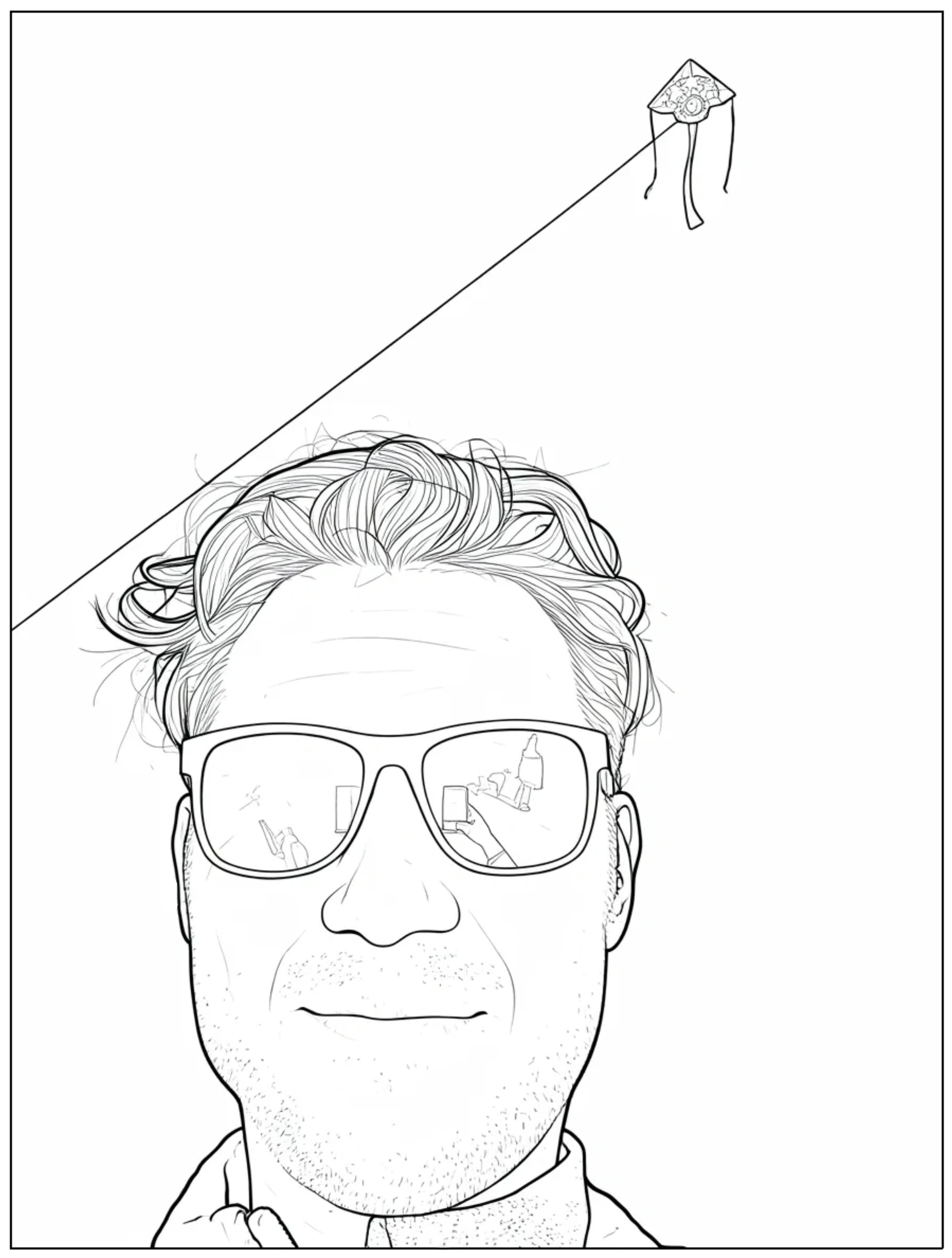 A photograph turned into a black and white line drawing of a man with a kite and sunglasses on.