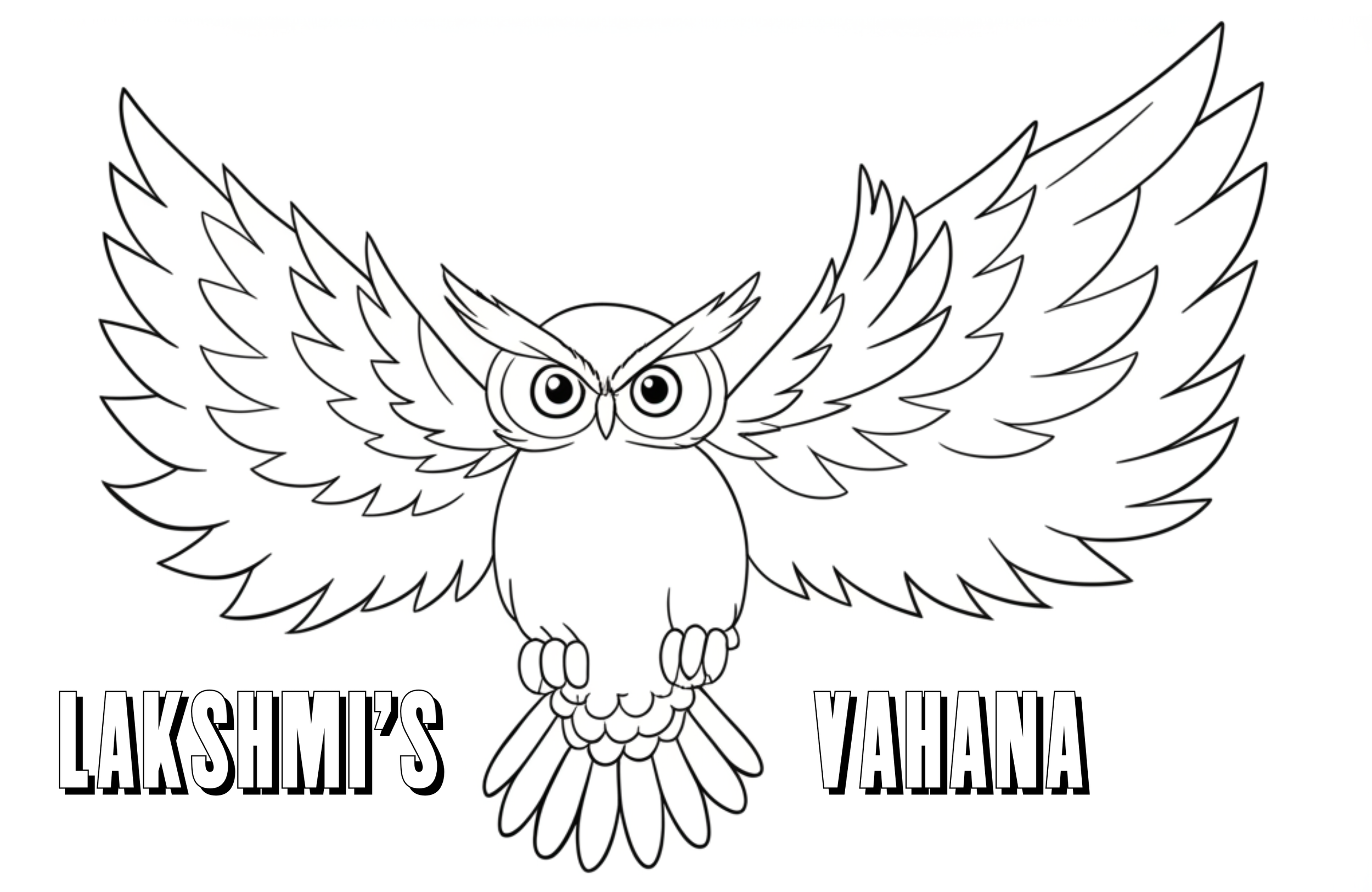 A black and white line drawing of an owl with big eyebrows and wings spread wide facing forward with the words "Lakshmi's Vahana" in block lettering.