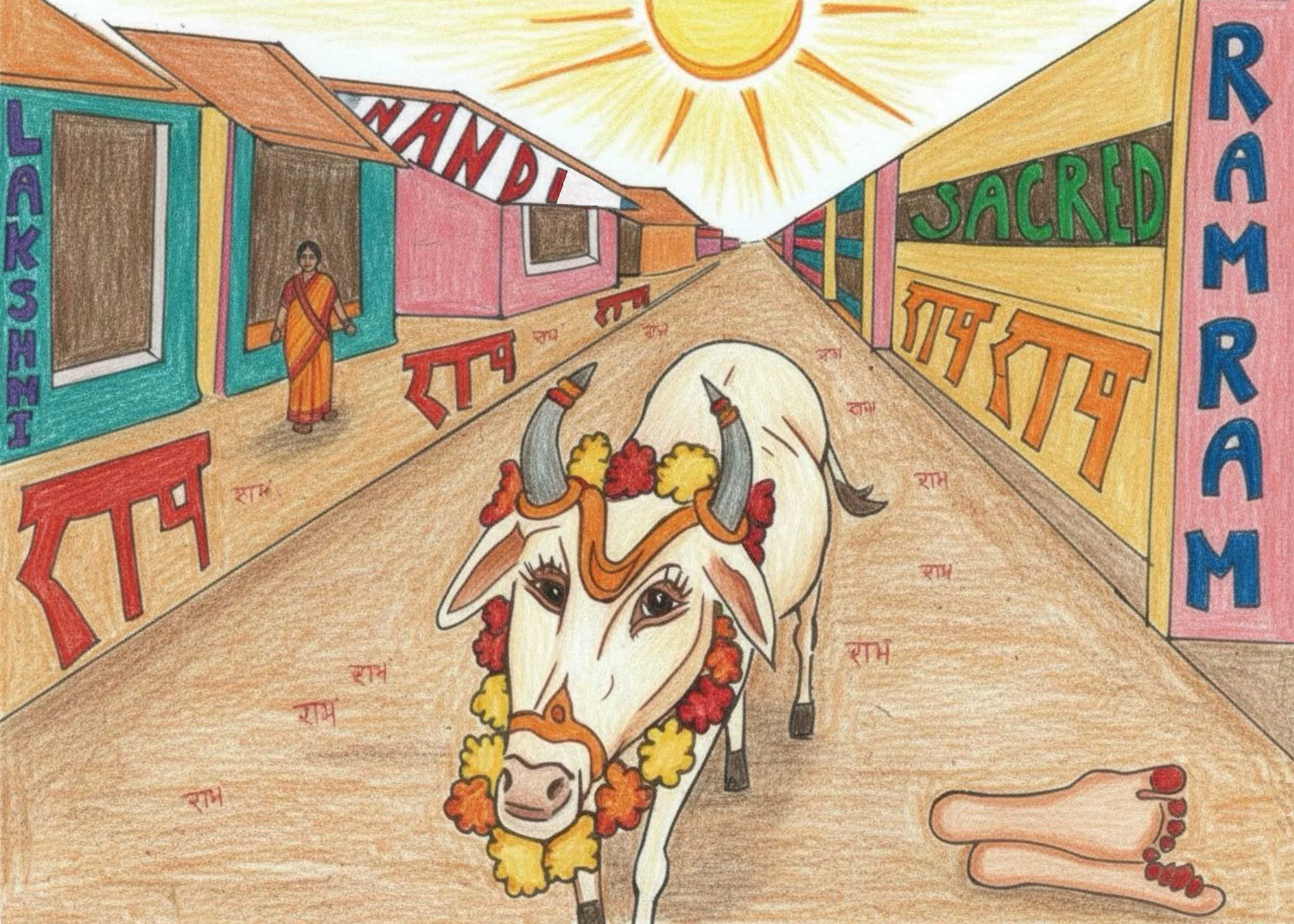 A black and white line drawing illustration of a cow walking down a street in India next to a person walking the other direction.  The words written in association to the cow are sacred, Ram, Nandi, Lakshmi.  Colored pencil.