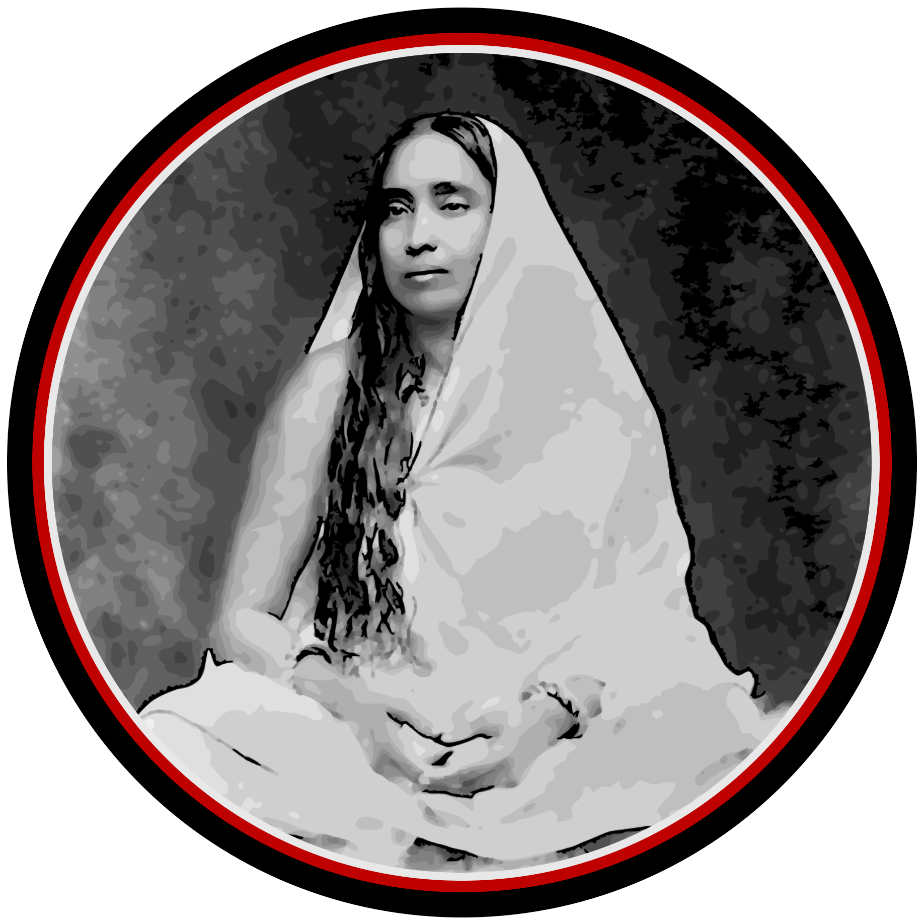 Black and white graphic of Sri Sarada Devi wearing a head covered garment, with a moon in the background, enclosed in a circular border with a red outline.
