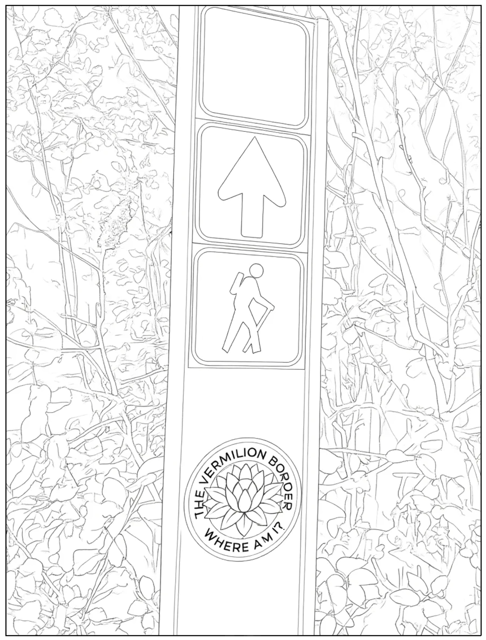 A photograph turned into a black and white line drawing of a trail sign with trees and nature and a sign that says "Where am I?"