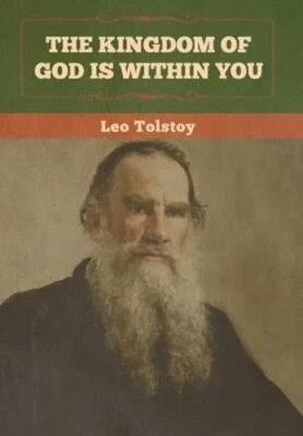 A book cover titled 'The Kingdom of God Is Within You' by Leo Tolstoy, featuring an old oil lantern on a wooden surface with a misty rural landscape in the background.