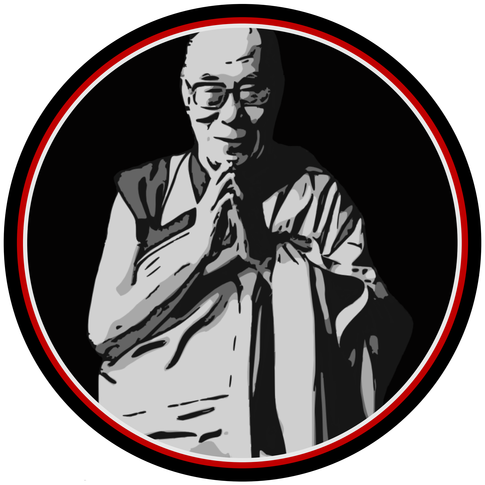 The 14th Dalai Lama picture with artistic vector, red, white and black lined circle around the image.Spirituality resource page profile for The Vermilion Border