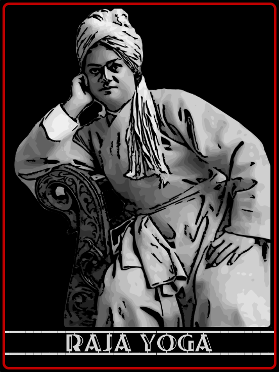 Book cover titled 'Raja Yoga' by Swami Vivekananda featuring a man in orange turban and red attire with arms crossed.