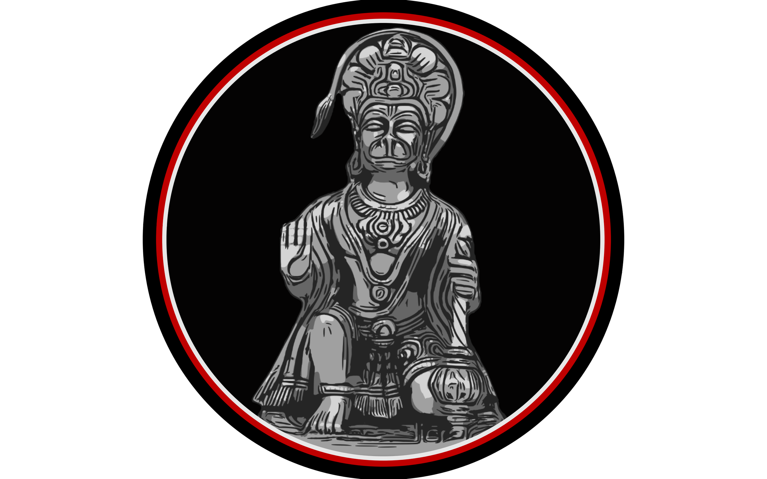 A black circular emblem with a red and white border featuring a gray, intricate illustration of a Hanuman figure with a tall headdress, robes, and ornamentation.