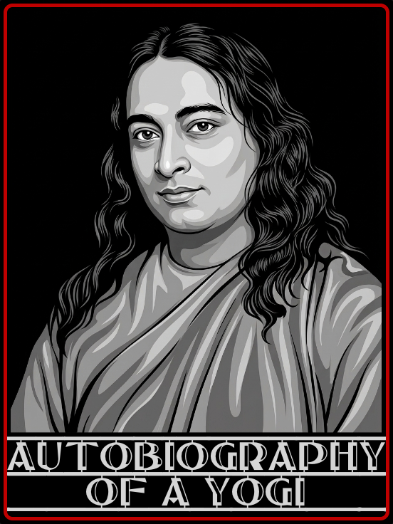 Book cover titled "Autobiography of a Yogi" by Paramahansa Yogananda. Features a portrait in orange robes with long, wavy black hair. The background is orange with decorative patterns, and the bottom has a emblem with the text "Self-Realization Fellowship."