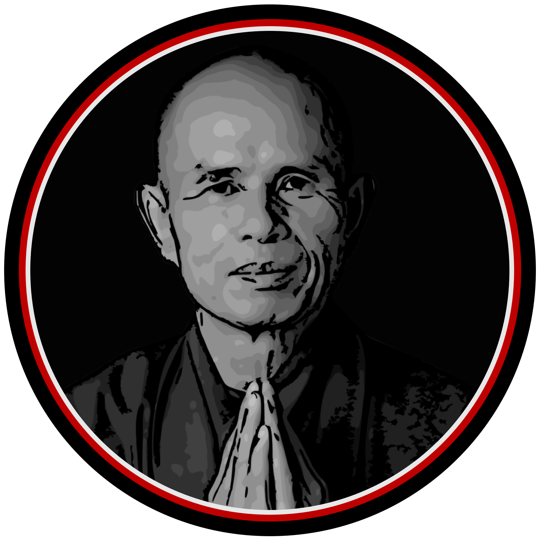 A grayscale illustration of Thich Nhat Hanh  enclosed in a circular frame with a red, white, and black border.