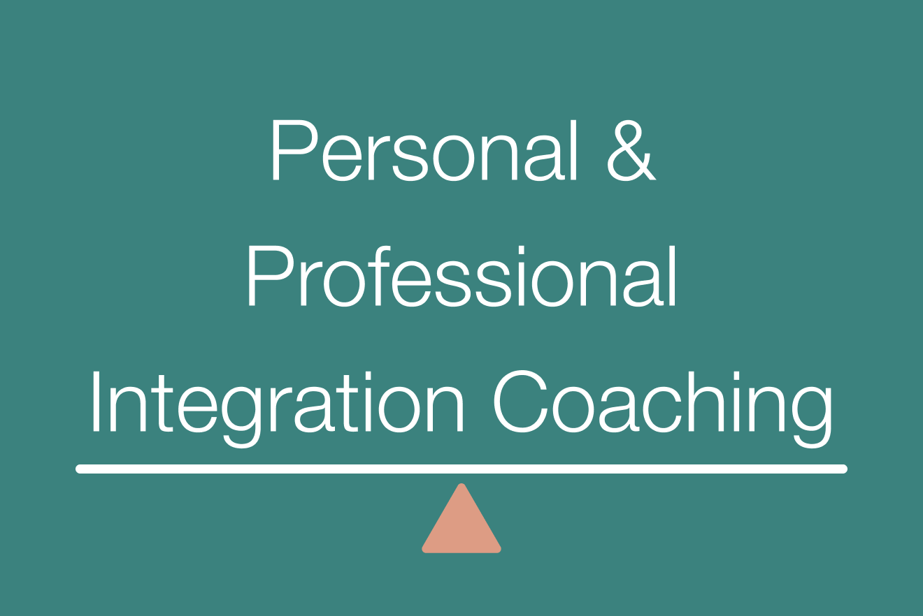 Slide with teal background, white text reading "Personal & Professional Integration Coaching," and a small pink triangle under the text.