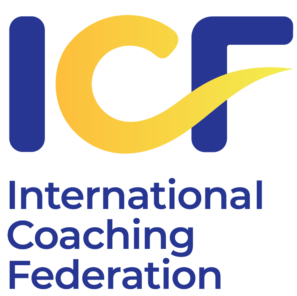 Logo of the International Coaching Federation, featuring a stylized yellow swoosh and blue text.