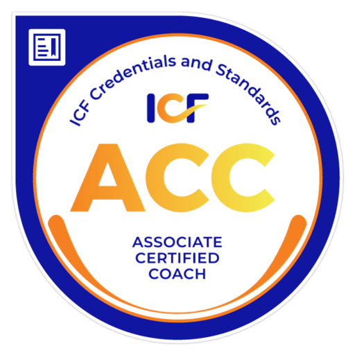 Badge with the ICF logo, text that reads "ICE Credentials and Standards," and an orange and yellow circle in the center that says "ACC" and "Associate Certified Coach."