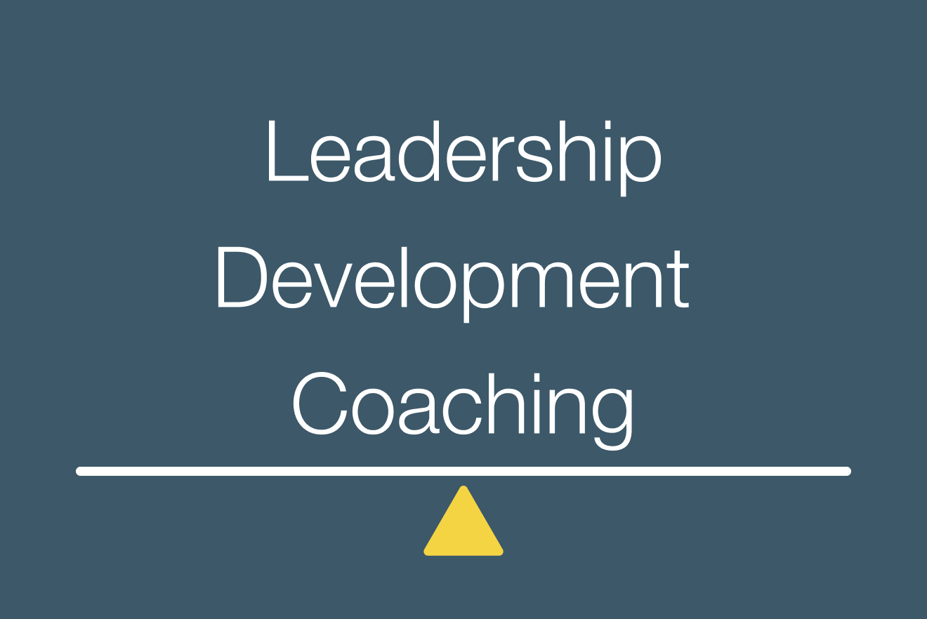 Text on a teal background that reads 'Leadership Development Coaching' with a yellow triangle underneath.