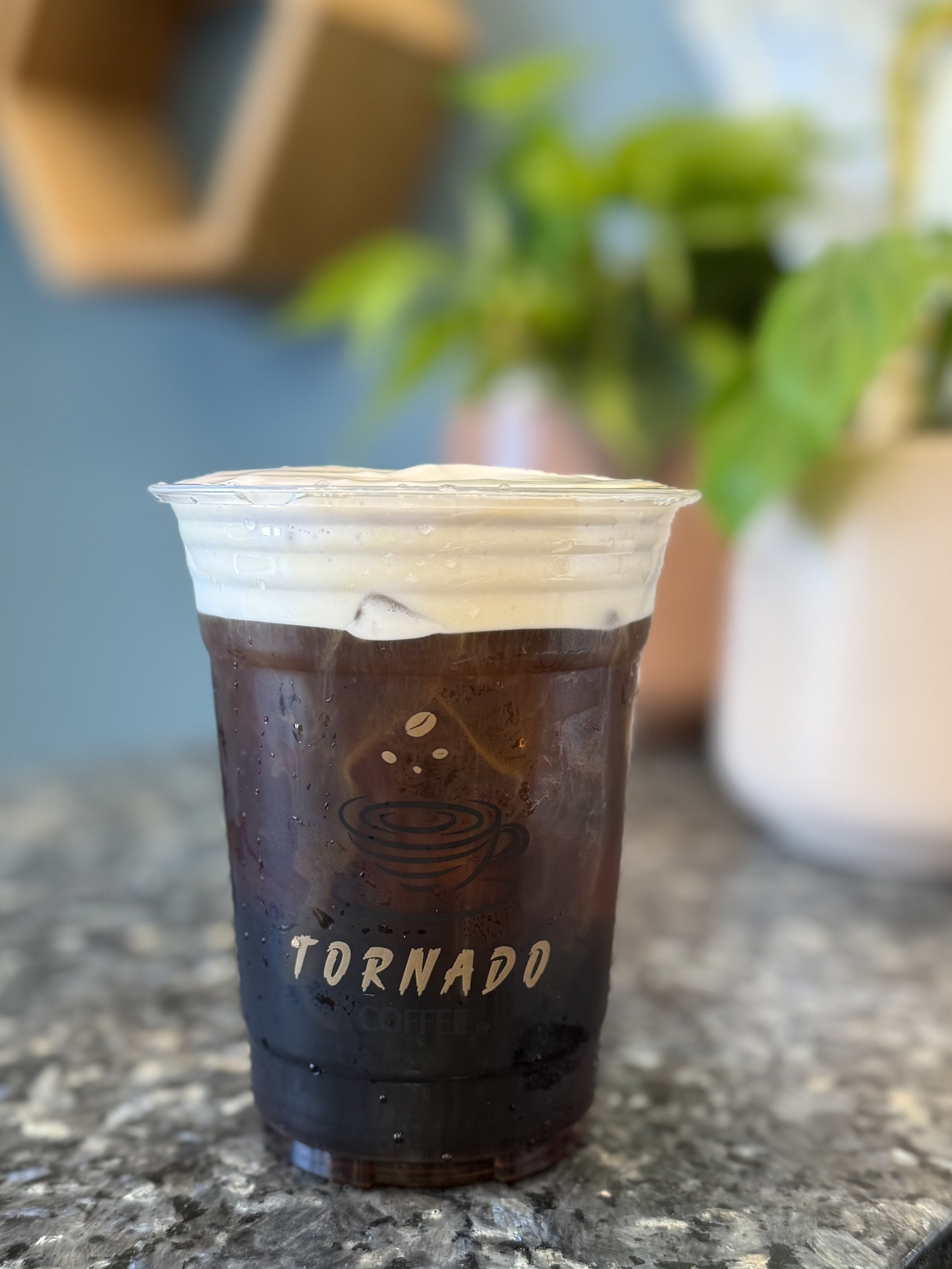 Close-up of a plastic cup filled with iced coffee on a textured surface, with a blurred background including greenery and a wooden object.