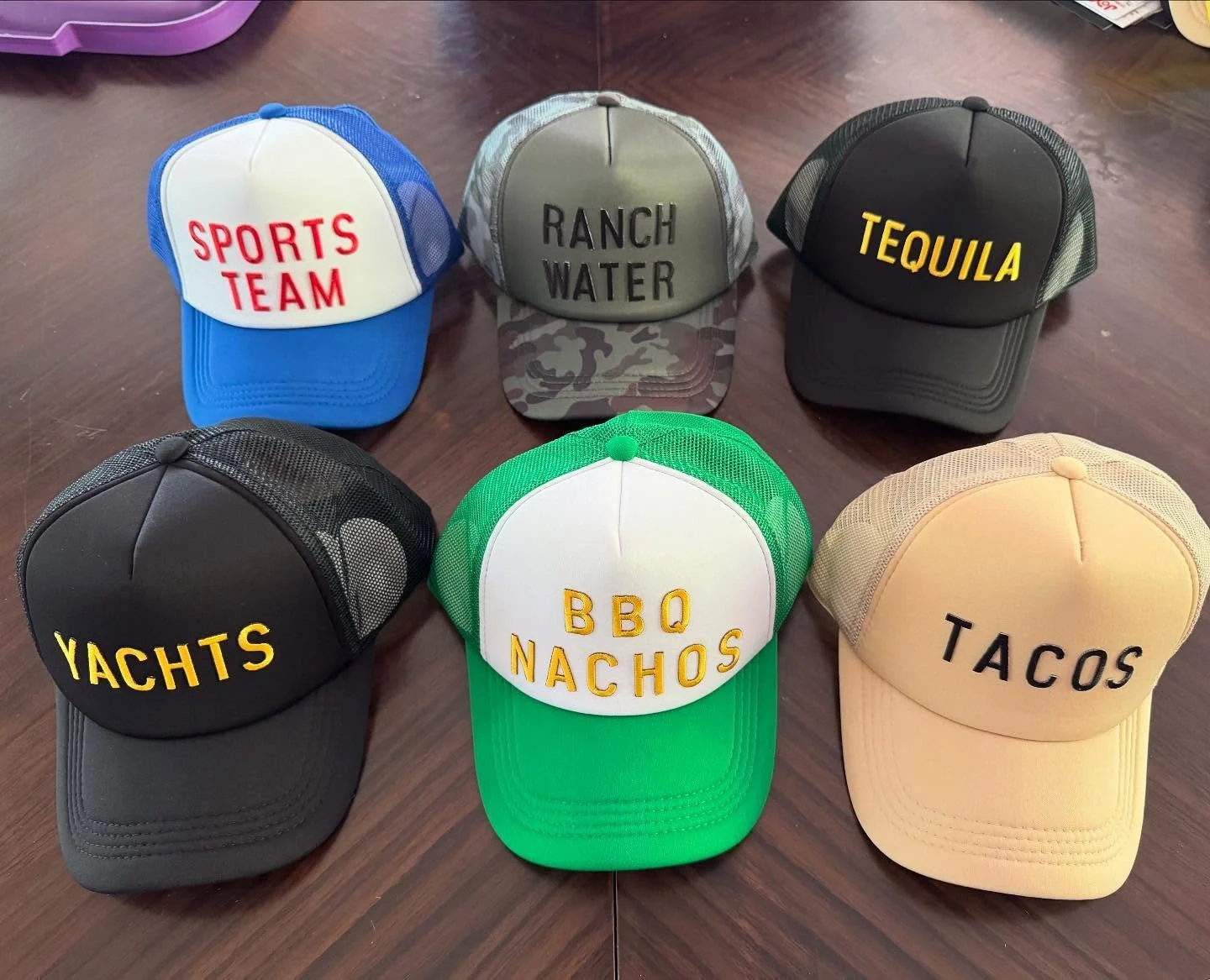 Finally a sunny day here! I felt inspired to make some hats based on events happening this weekend. ☀️ $25 each, DM to purchase #tacos #tequila #yachts #bbqnachos #ranchwater