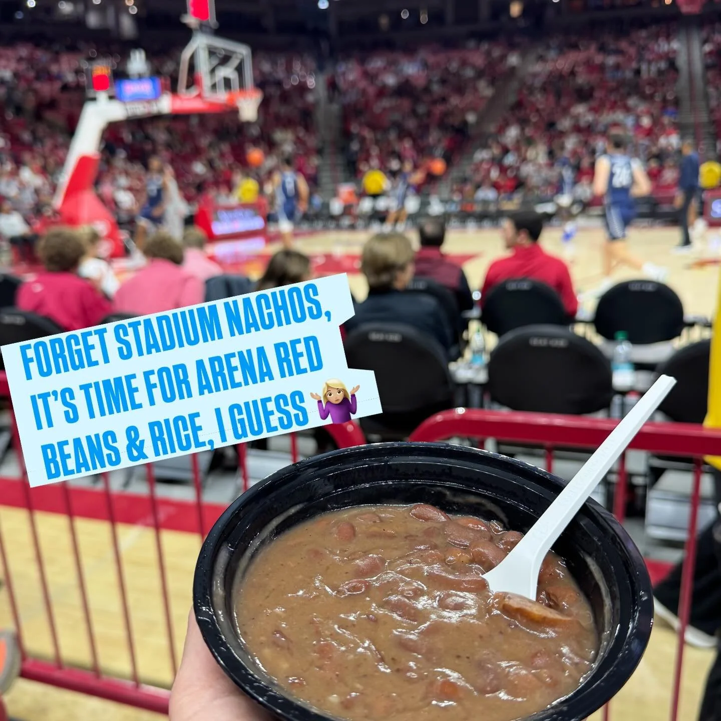 Interesting find at the basketball game 🏀🤔🫘🍚 Have they always had this and I just now noticed? @razorbackmbb #budwaltonarena #arkansasrazorbacks #redbeansandrice
